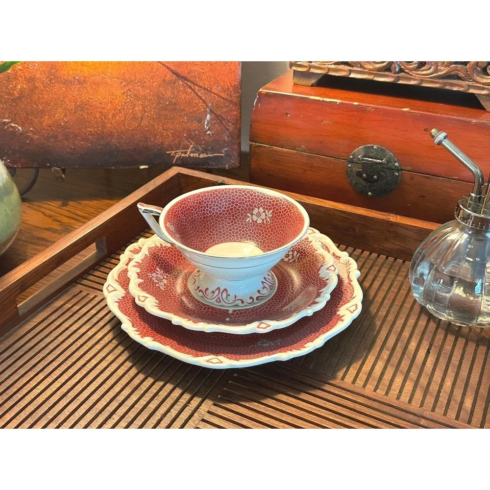 Vintage Seltmann Weiden Germany Tea Cup Saucer Plate Set Red Silver Plated Trim